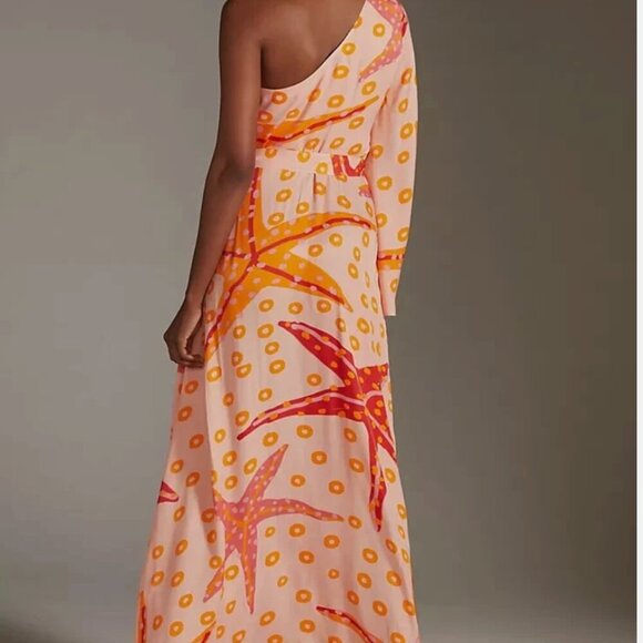 Farm Rio Dress One Shoulder Maxi Long Sleeve Side Slit Starfish Orange New XS - Picture 5 of 7